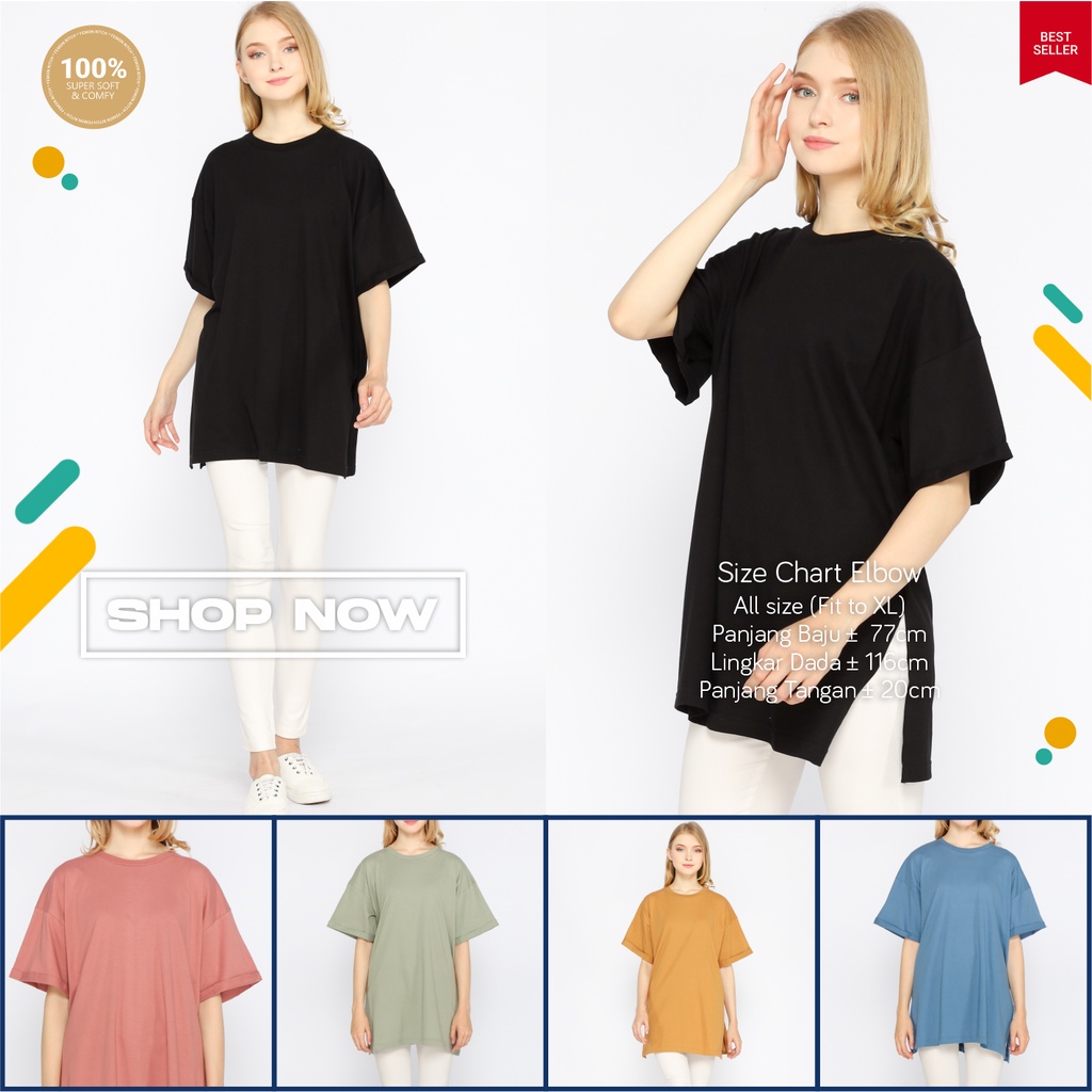 Kaos Reguler Oversize Wanita Lengan Pendek Elbow Polos &amp; Stripes Femonritch