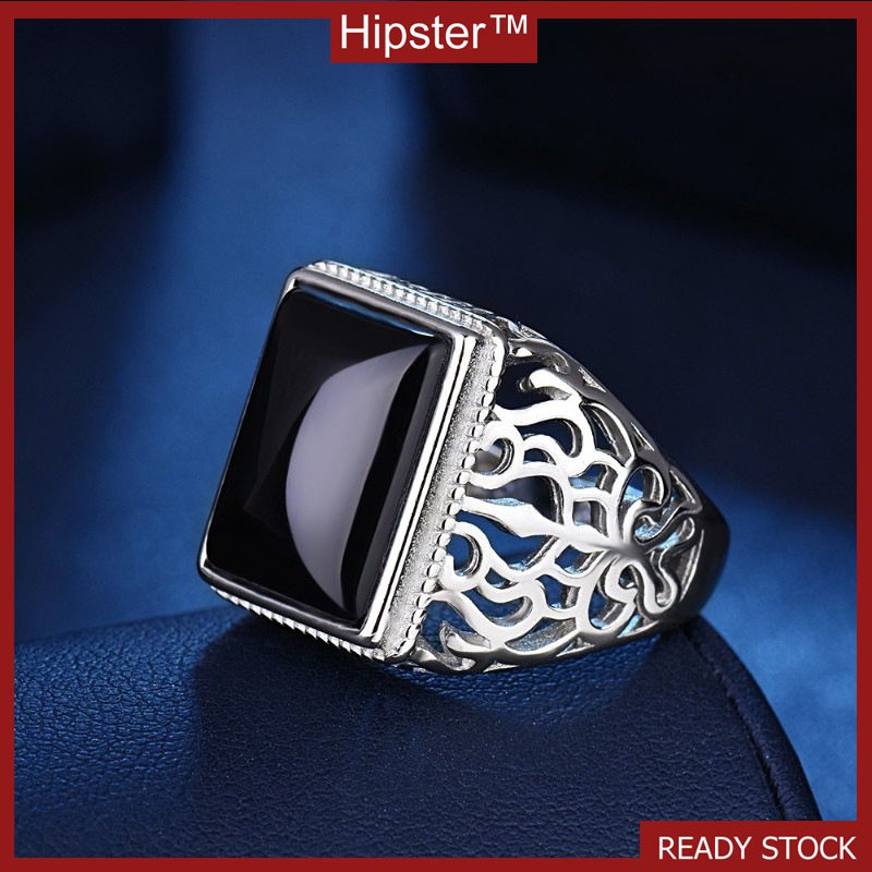 Retro Simple Stylish Domineering Inlaid Hollow Black Agate Ring