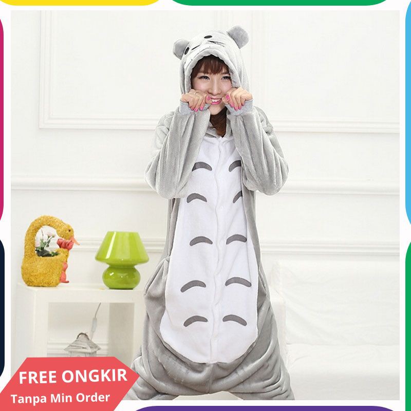 Kigurumi Totoro Onesie Wanita Anime Cosplay Kostum Kucing Lucu Musim Dingin Flanel Hangat Dewasa