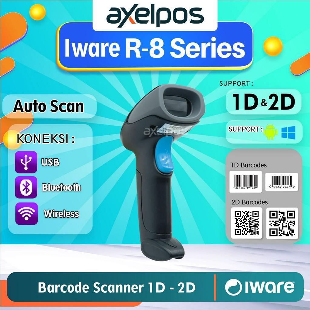 Barcode Scanner Usb Bluetooth Wireless 1D/2D Auto Scan Iware R8 Series