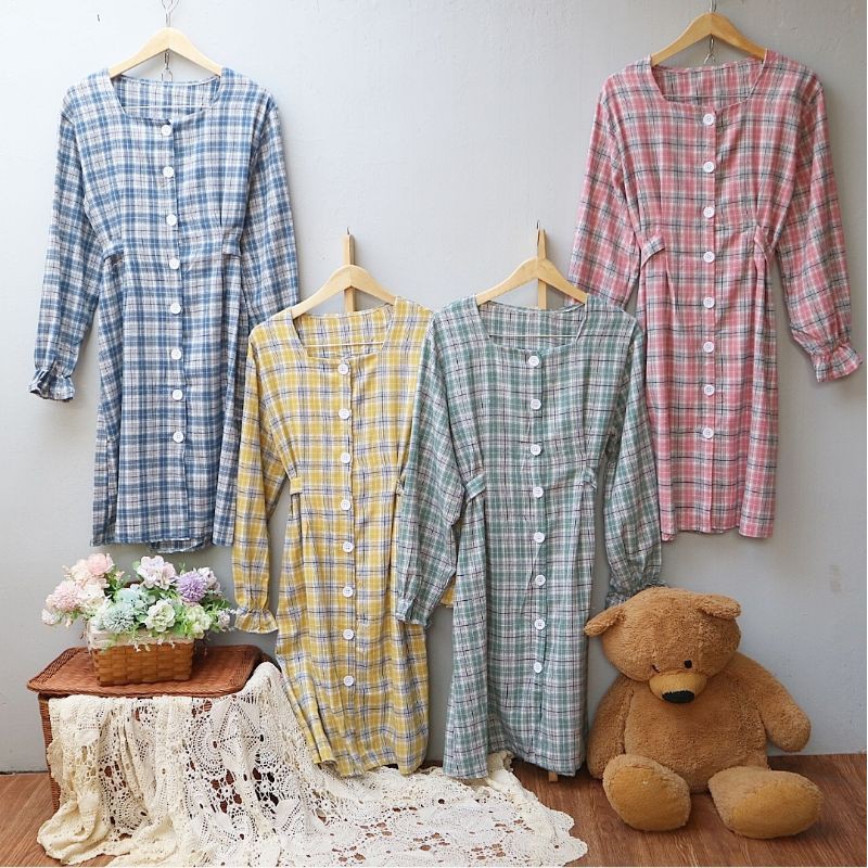 dress korea flanel #tunik flanel #gingham dress korea