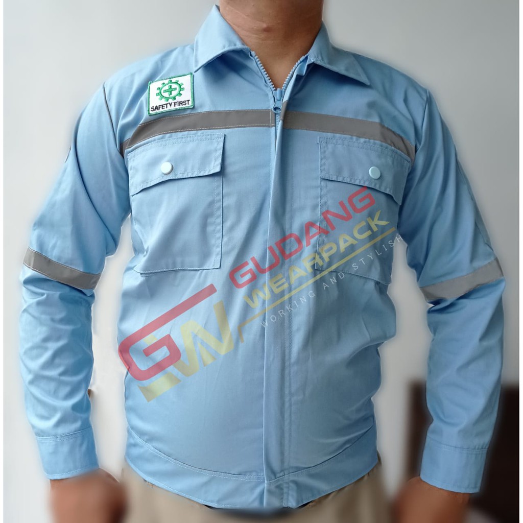 Star Wearpack - Seragam  Atasan Model Resleting Warna Biru Muda Telor Asin Lengan Panjang