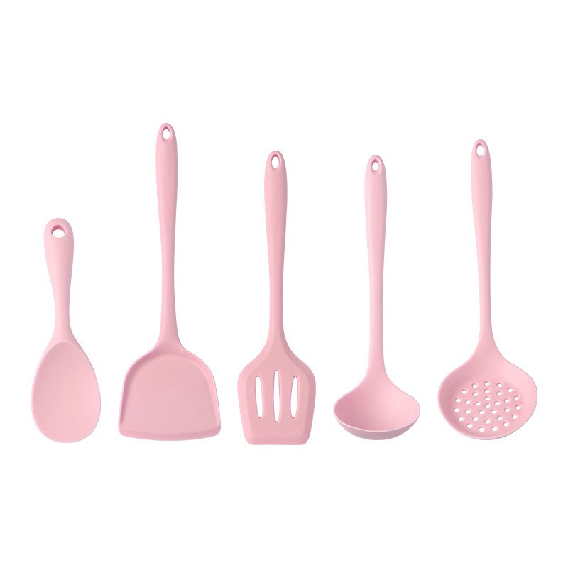 set 5pcs silicone cooking utensil / turner ladle skimmer rice spoon / set masak silikon tahan panas lilac pink tosca