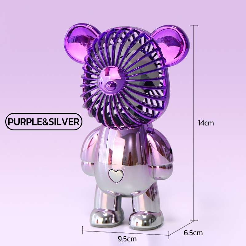 KADONIO Kipas Angin Mini Portable USB Cas Karakter Dapat Digunakan Sebagai Dudukan Ponsel KL-FN20-Bear-Purple&Silver