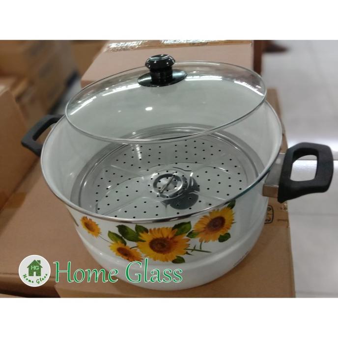 ] panci dandang enamel tutup kaca 30 cm