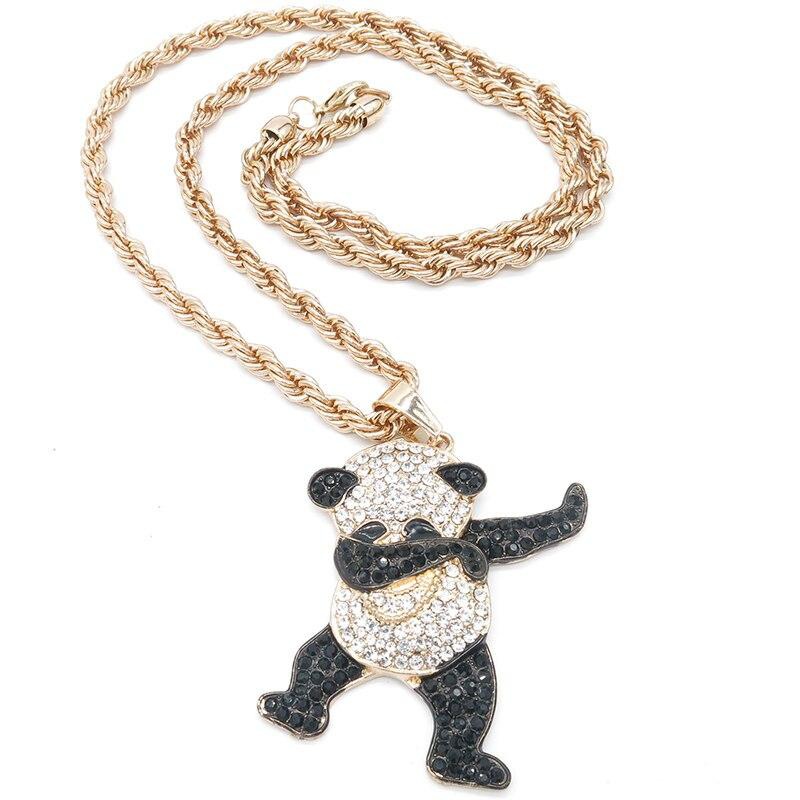 Kalung Liontin Desain Panda Aksen Berlian Warna Emas Gaya Hip Hop Rock Untuk Pria