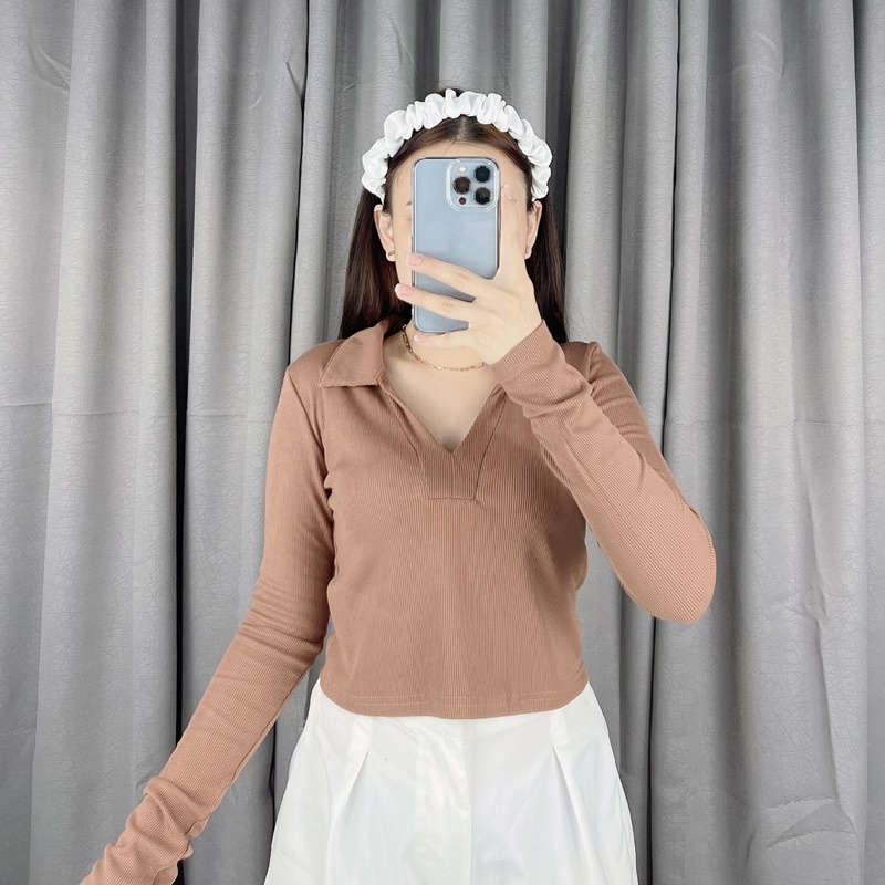 Knit collar vneck longsleeve 045 | Atasan vneck rajut lengan panjang