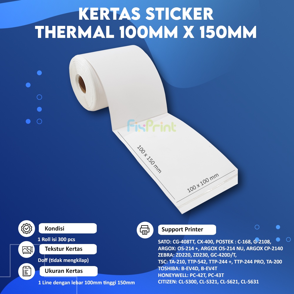 1 Roll Kertas Sticker Thermal 100mm x 150mm isi 300pcs