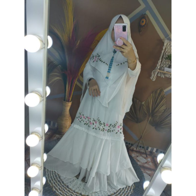 Gamis Syar'i Putih Bordir Ceruty BabyDoll Mix Jersy.Gamis Syari Lebaran 2021