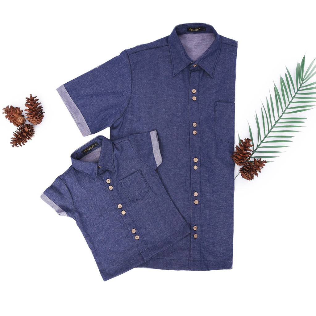 Baju Island- Parker Hem Dad &amp; Kid, Kemeja Setelan Keluarga, Denim Blue Jeans