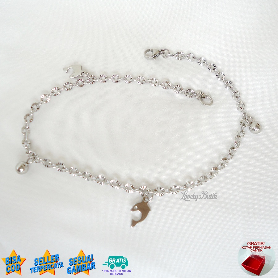 Lovelybutik Gelang Kaki Dewasa Titanium Anti Karat Dolphin Dolpin Gelang Kaki Wanita Titanium Rantai Nori Donat Ukuran 27 Cm BONUS TEMPAT PERHIASAN