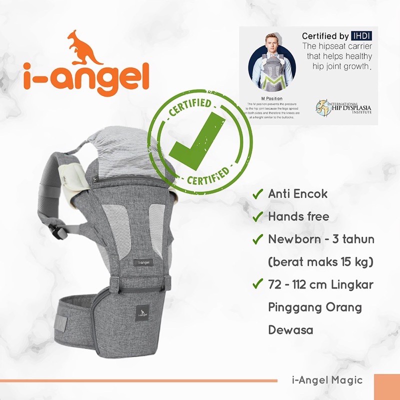 I-Angel Magic Hipseat Baby Carrier with Hood Grey - Gendongan bayi