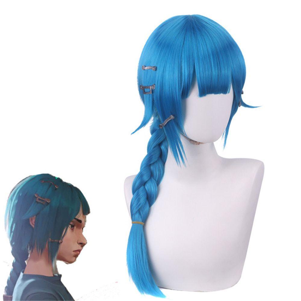 Anime Young Jinx Powder Wig LOL Arcane Headwear for Women Cosplay Synthetic Blue Hair