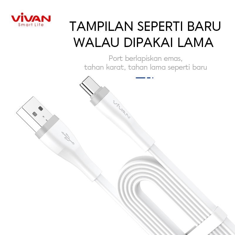 (VIVAN-200S) Kabel Data Type C Panjang 2 meter Fast Charging 2.4A Flat Exclusive Cable Vivan Usb C 2meter