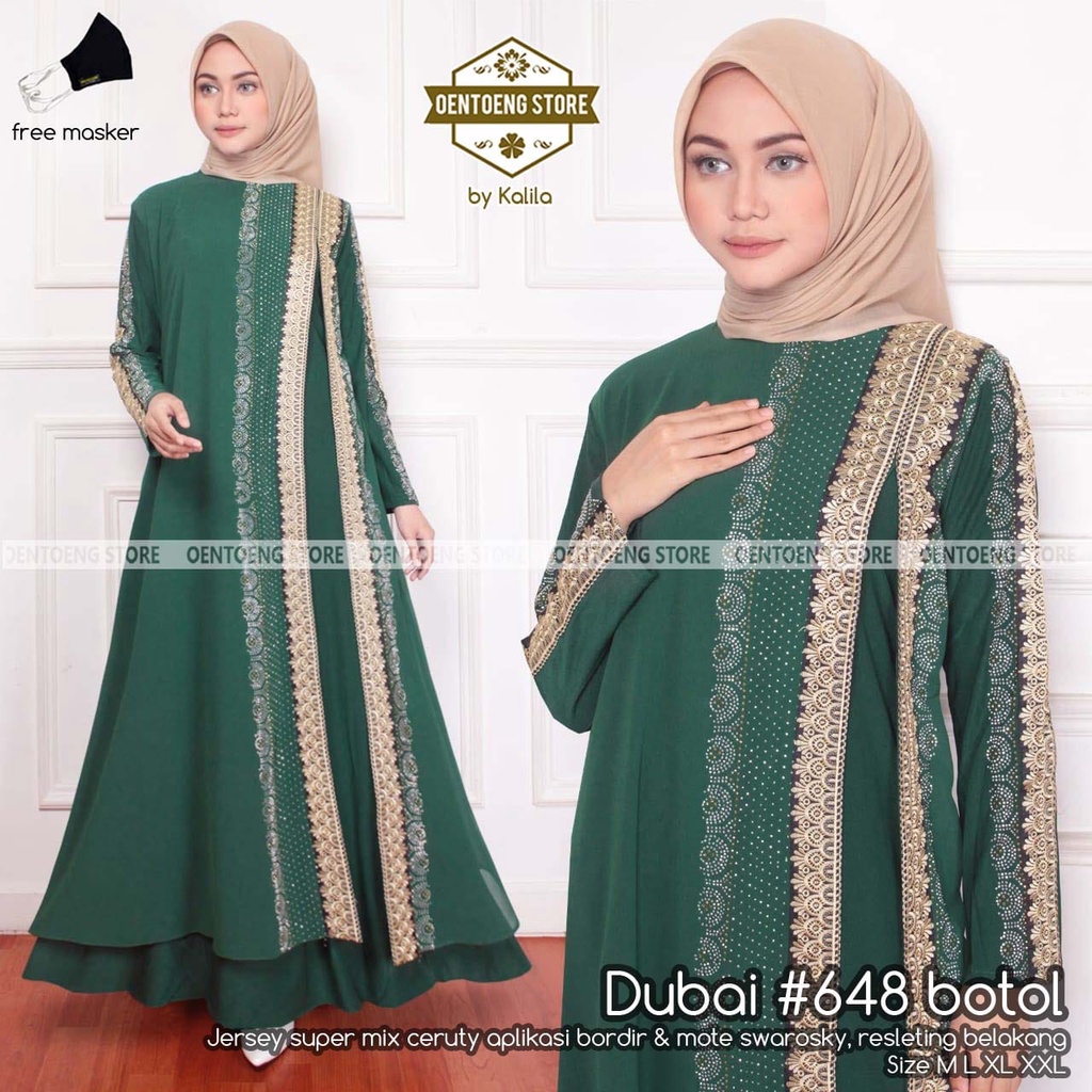 OK - 100% ASLI - DUBAI #948 BY OENTOENG STORE / GAMIS / ABAYA BAHAN JERSEY CERUTY - HIJAU BOTOL