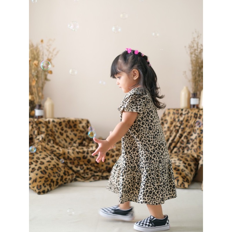 Ounadoutfit dress leopard bom anak cewek baju main anak nyaman kekinian /  dress anak perempuan / dress main anak / baju anak bahan rayon / baju anak motif macan