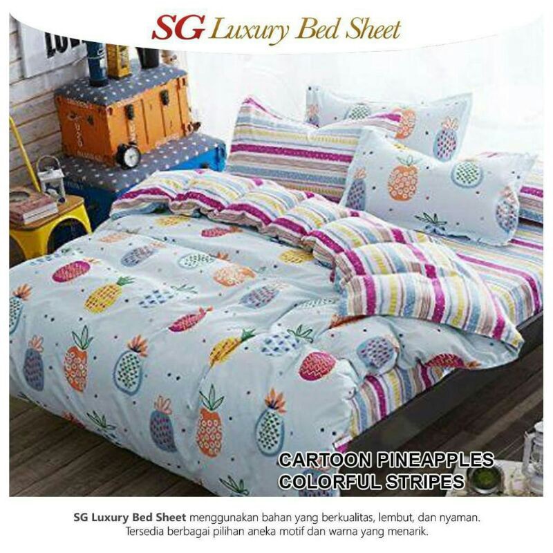 Sprei & Badcover katun lokal SG LUXURY BED SHEET motif CARTOON PINEAPLES COLORFULL STRIPES