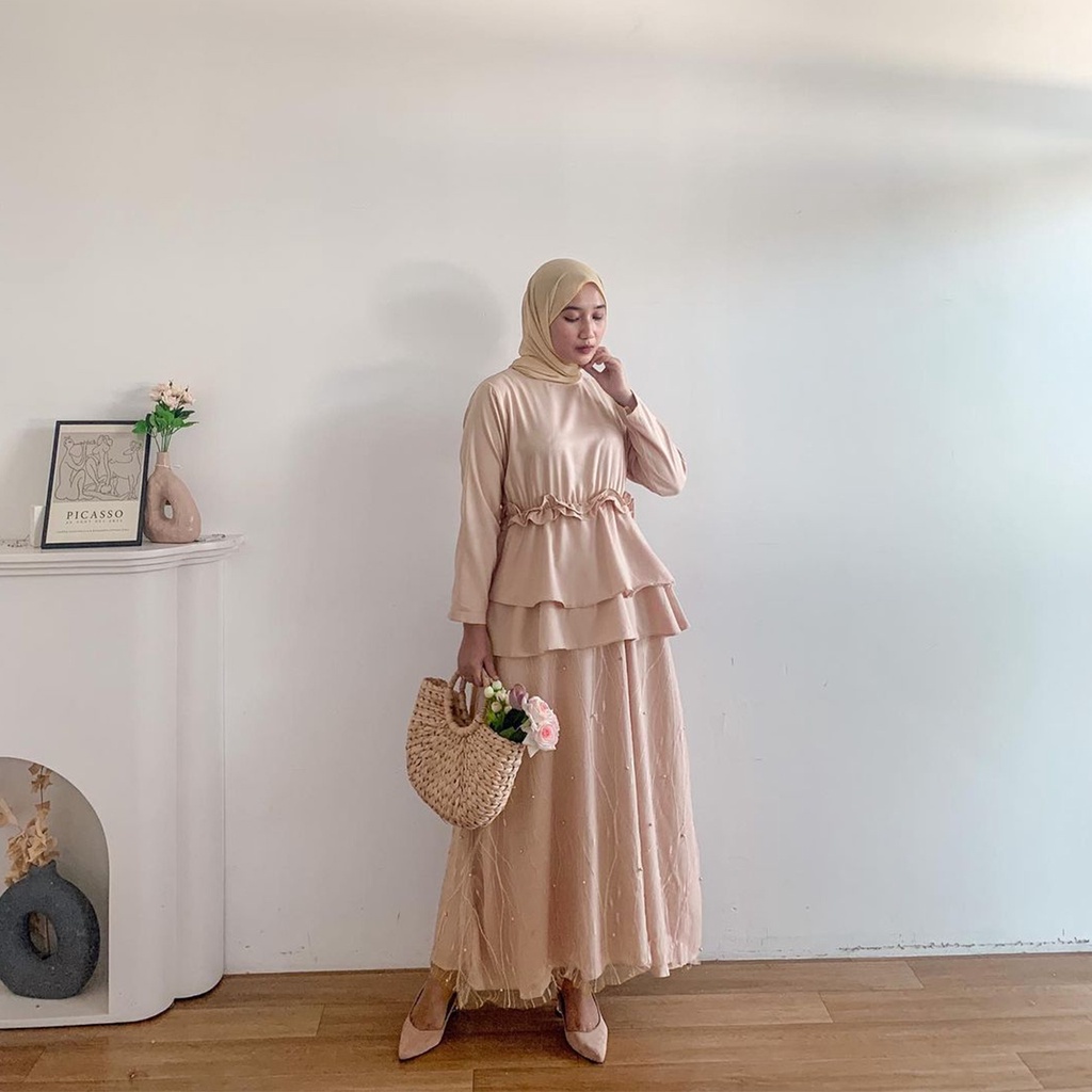 Ghania Dress Kondangan Tulle Mutiara / Dress Bridesmaid Maxi Brukat Modern / Baju Kondangan Wanita / Outfit Wanita Kekinian / Gamis Brukat Pesta Kondangan / Baju Wisuda Terbaru