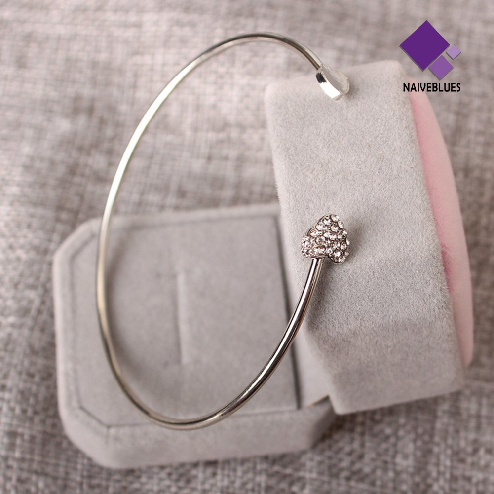 Naiveblue &gt; Gelang Tangan Cuff Motif Hati Ganda Aksen Berlian Imitasi Untuk Perhiasan Wanita / Hadiah