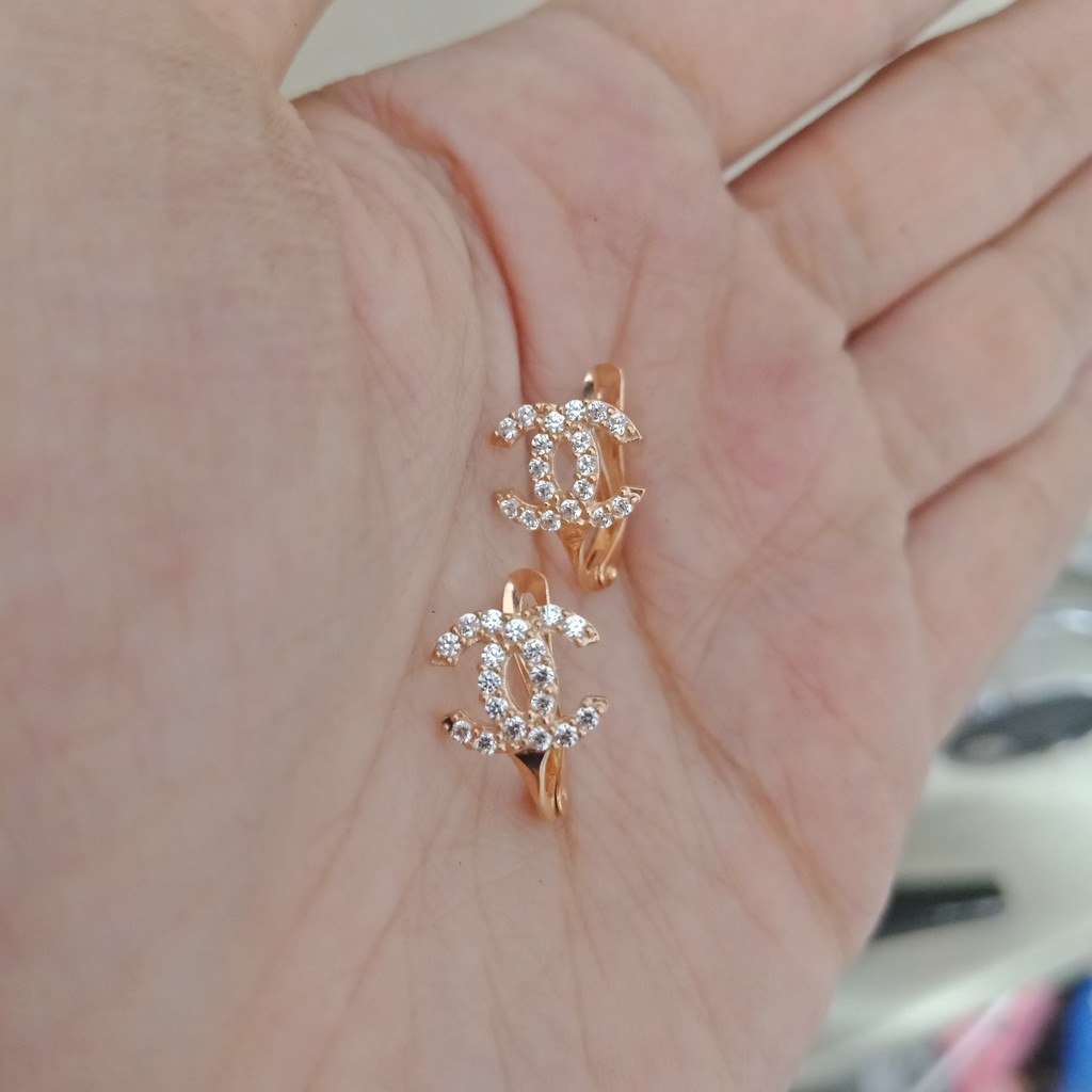 anting jepit CHANELL anak dan dewasa emas asli kadar 700 70% 16k 22 gold cetek klip permata