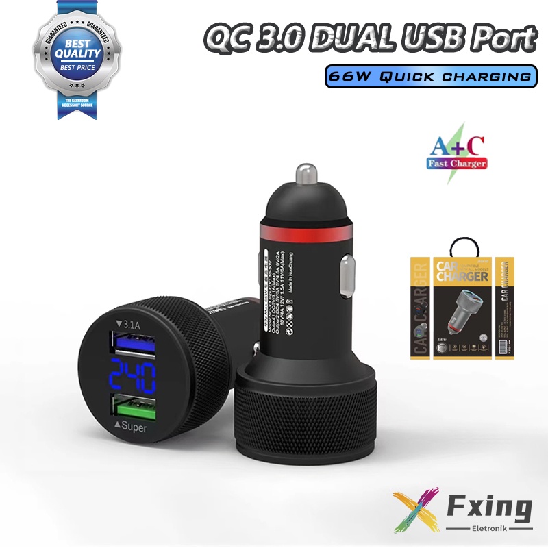 【CC014】 Fxing JHY12 Tampilan digital Car Charger Super Fast Charger 2 Port USB QC 3.0 Output Saver Mobil Lampu Qualcomm Black Hitam abu-abu Digital Display