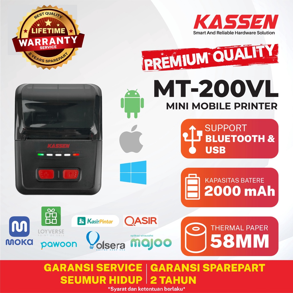 Mini Printer Thermal Bluetooth KASSEN MT200VL