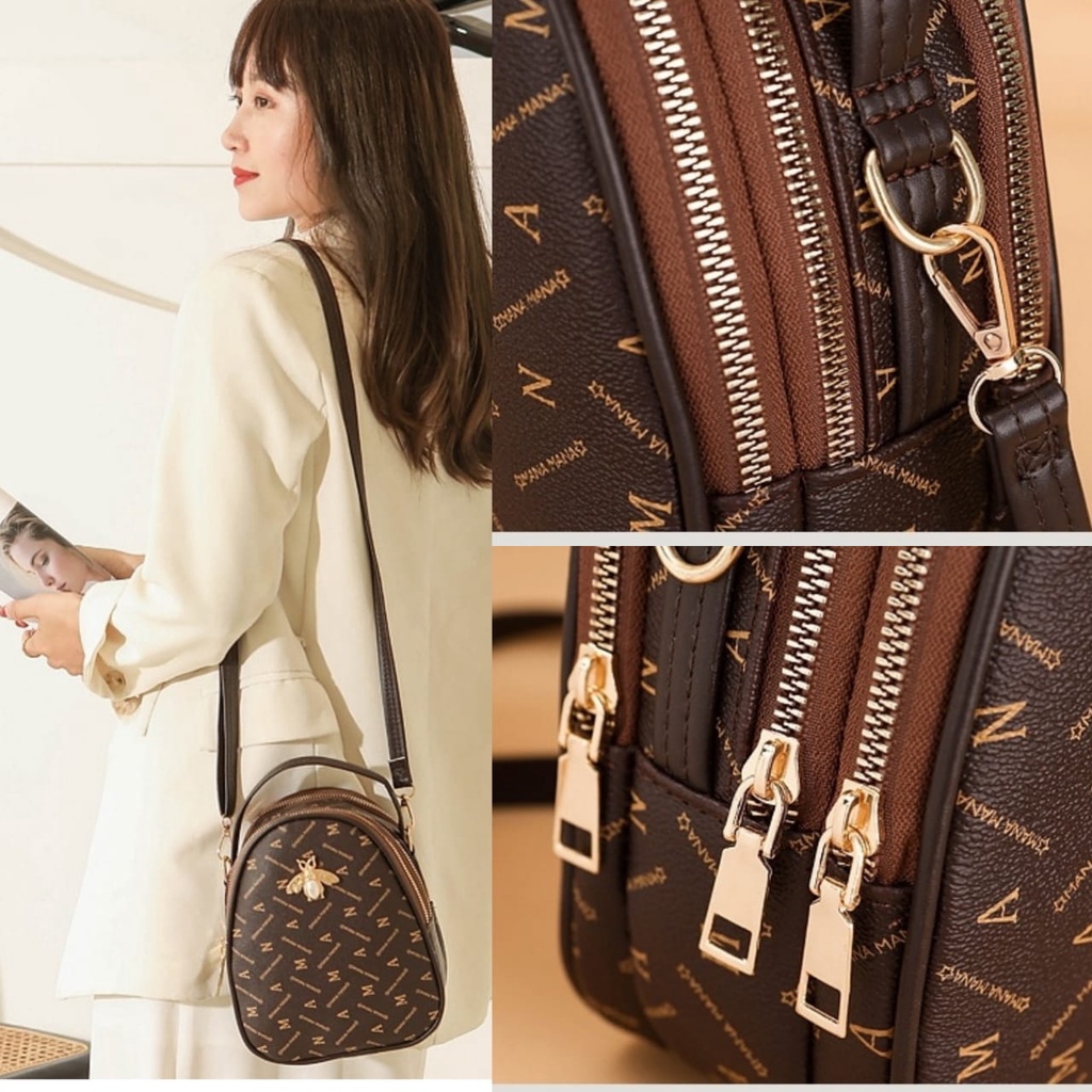 TAS SELEMPANG WANITA KOREA 3 RESLETING KULIT COKLAT MANVE TA471B7 IMPORT BRANDED SLING BAG KECIL BATAM PREMIUM REMAJA KEKINIAN MURAH FASHION CEWEK