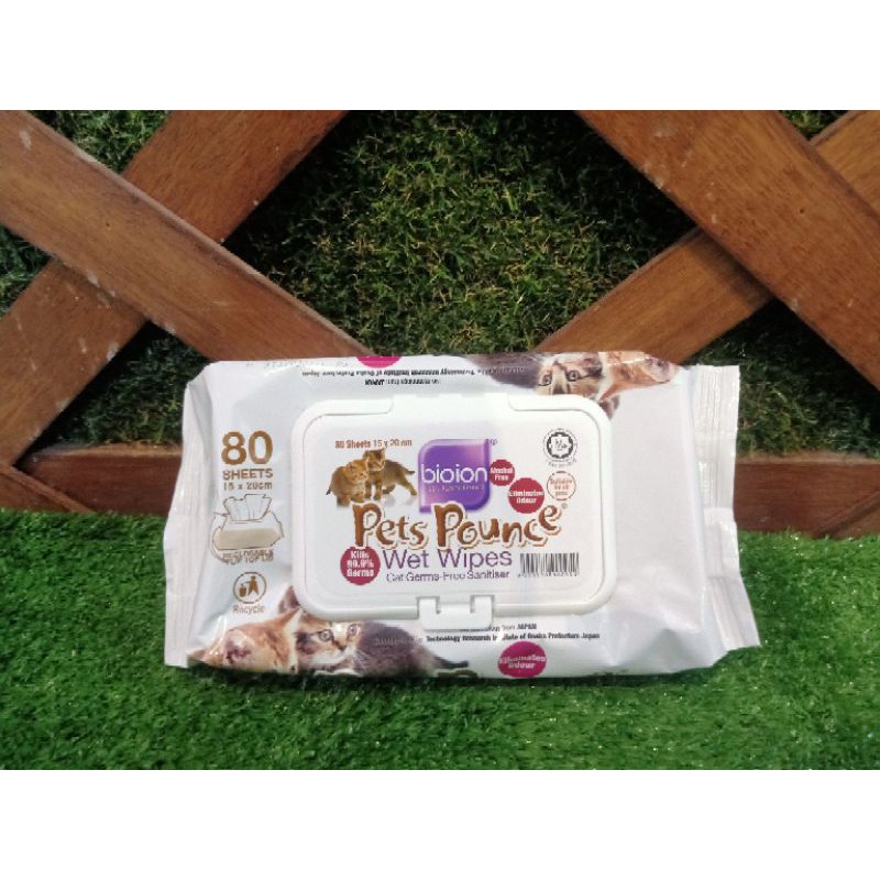 Bioion Pets Pounce Wet Wipes 80Sheet/Tissue Basah untuk Anjing dan Kucing