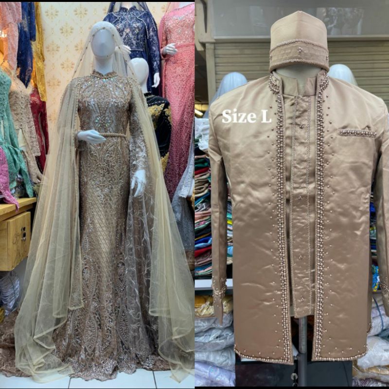 GAUN PENGANTIN COUPLE SLIM BEREKOR//GAUN WEDDING COUPLE MEWAH MODERN//BAJU TILE AKAR COUPLE//BESKAP