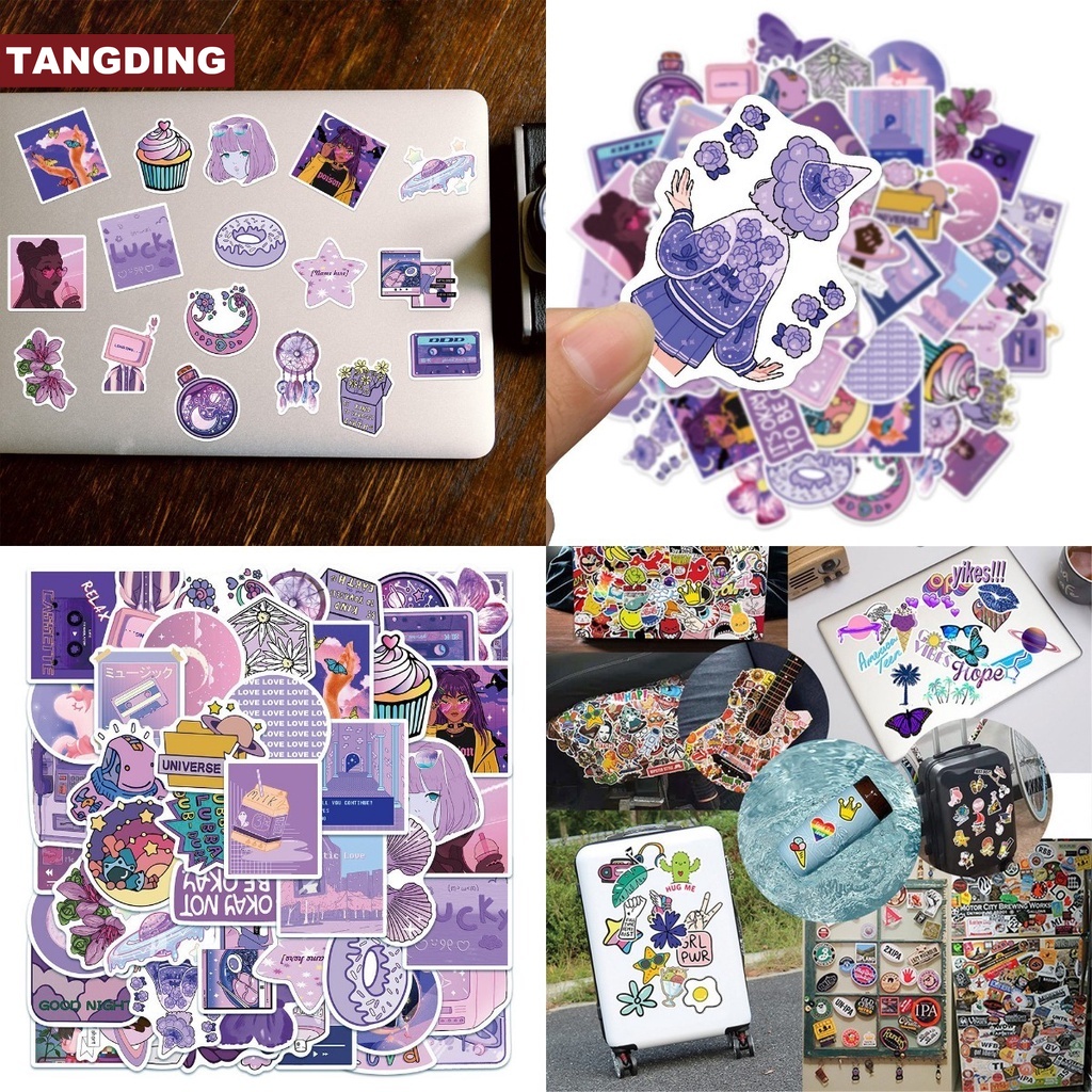 【COD Tangding】50pcs/set Purple Cute Girl Cartoon Hand Account Stickers INS Laptop Suitcase Waterproof Stickers