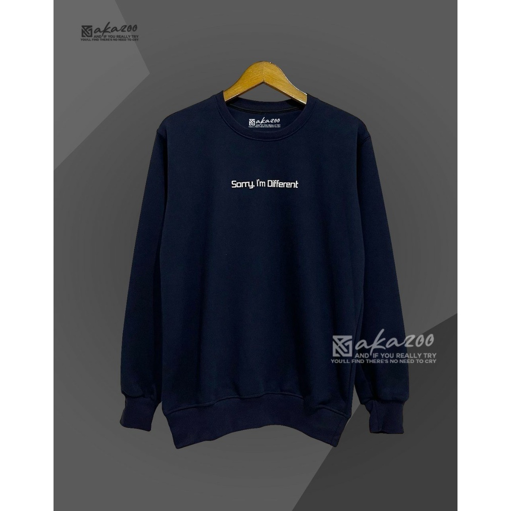 crewneck pria distro original kren warna navy blue SORRY I.M DIFFERENT tulisan putih cn pria murah original oblong krah tinggi sweater oversize  crewneck switer cowok jumbo tulisan jepang unisex M L XL XXL PREMIUM akazoo oficial bandung