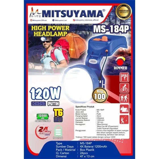 COD SENTER KEPALA HIGH POWER HEADLAMP MITSUYAMA 120W MS-184P CAHAYA PUTIH