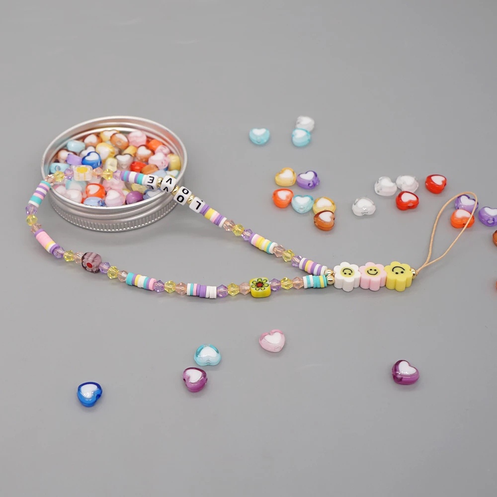 QUINTON Ins Trendy Mobile Phone Straps Colorful Soft Pottery Rope Cell Phone Lanyard Mobile Phone Chain Pearl Anti-Lost Acrylic Bead Smile Handmade Smiling Beads Chain