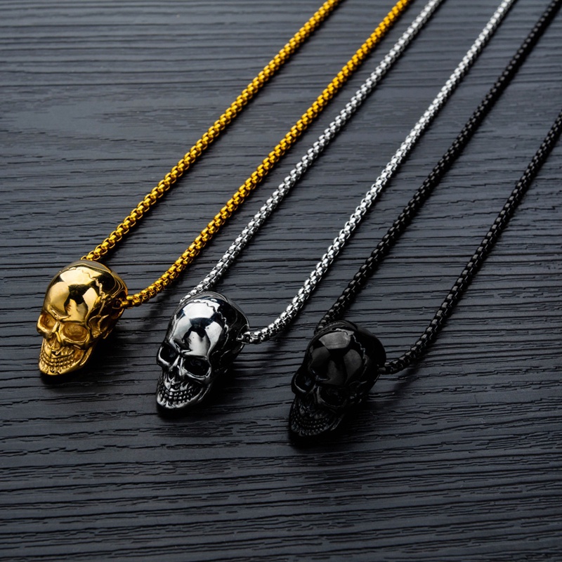 Kalung Rantai Liontin Tengkorak Lapis Emas Gaya Hip Hop Gothic Untuk Pria