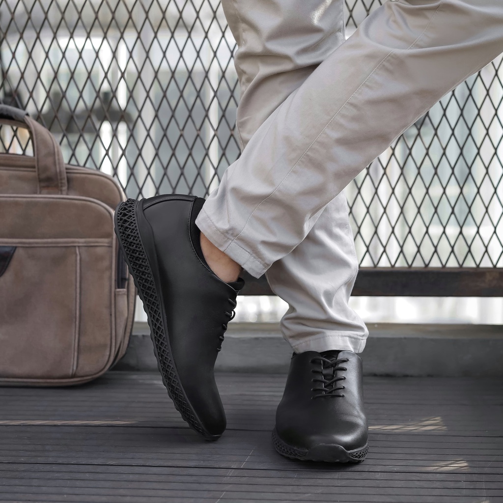 Amstrong (Kulit Asli) - Sepatu Pantofel Pria Kulit Asli Kerja Kantor Formal Casual Oxford Tali Hitam Pantopel Cowok Original