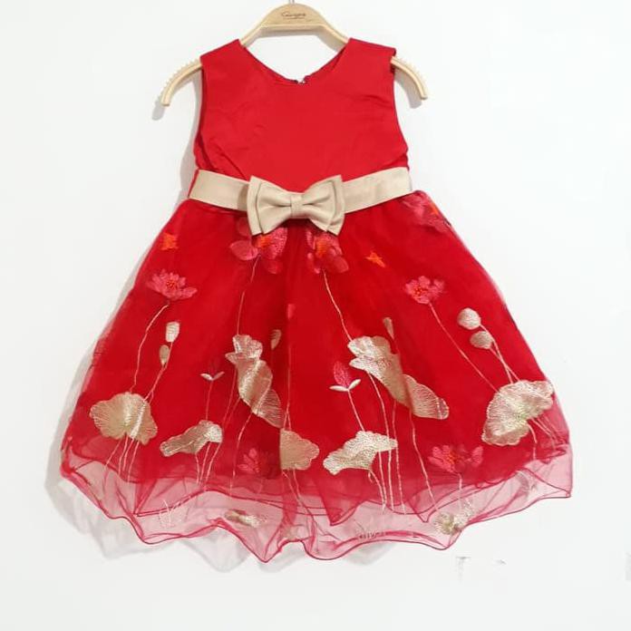 ZAINISA_SHOP JUAL DRESS ANAK MERAH BUNGA GOLD / GAUN PESTA ANAK WARNA MERAH TERPOPULER