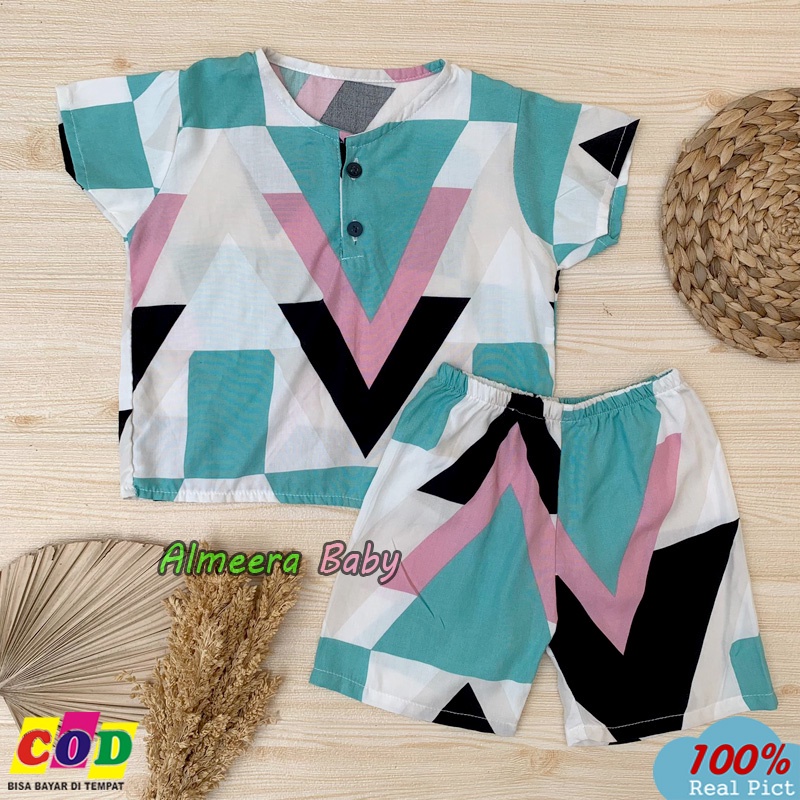 One Set Setelan Anak Rayon Unisex Lengan Pendek usia 3-12 Bulan Almeera Baby and Kids