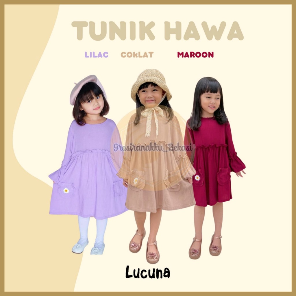 Tunik Anak Hawa Rayon Crinkle Lucuna Mix Warna Size 2-10T