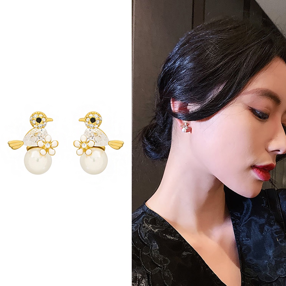 Anting Stud Zircon Bentuk Bunga Burung Aksen Mutiara