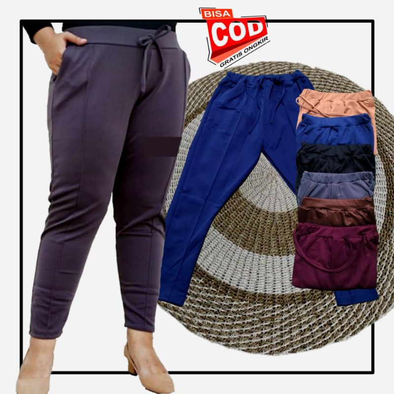 Celana Panjang Wanita Doty Scuba Jumbo Pinggang Karet Bahan Melar Big Size