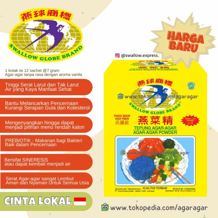 

PROMO [COD] SWALLOW GLOBE BRAND Tepung Agar-agar Best Quality 7gr x 12 Sachet - Putih
