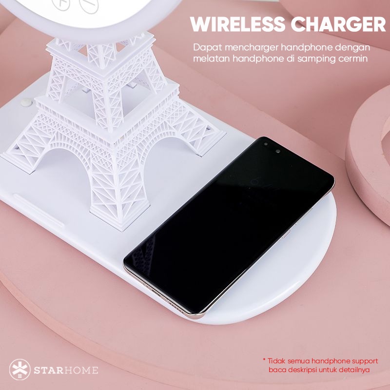 Lampu Rias Cermin Kaca Rias Lengkap dengan Lampu Led 3 Warna Lampu Tidur dan Wireless Charger Cermin Make Up Portable Cermin Rias Travel Lampu Meja