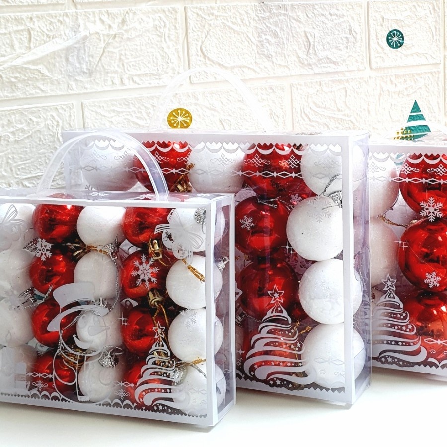 Bola Pohon Natal Merah Putih 1 set 4cm 5cm 6cm 7cm 8cm Hiasan Natal