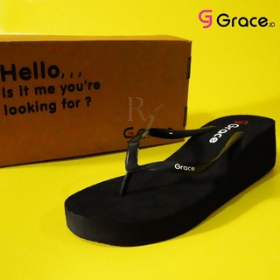 GRACE [BLACK ROSE] Sandal Jepit Wedges Simple Wanita Helen/ Sandal Hak Spon Hitam Japit Polos