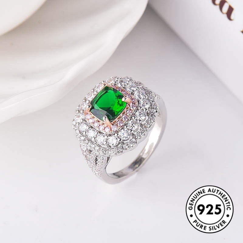 Cincin Sterling Silver 925 Dengan Emerald Elegan Untuk Wanita