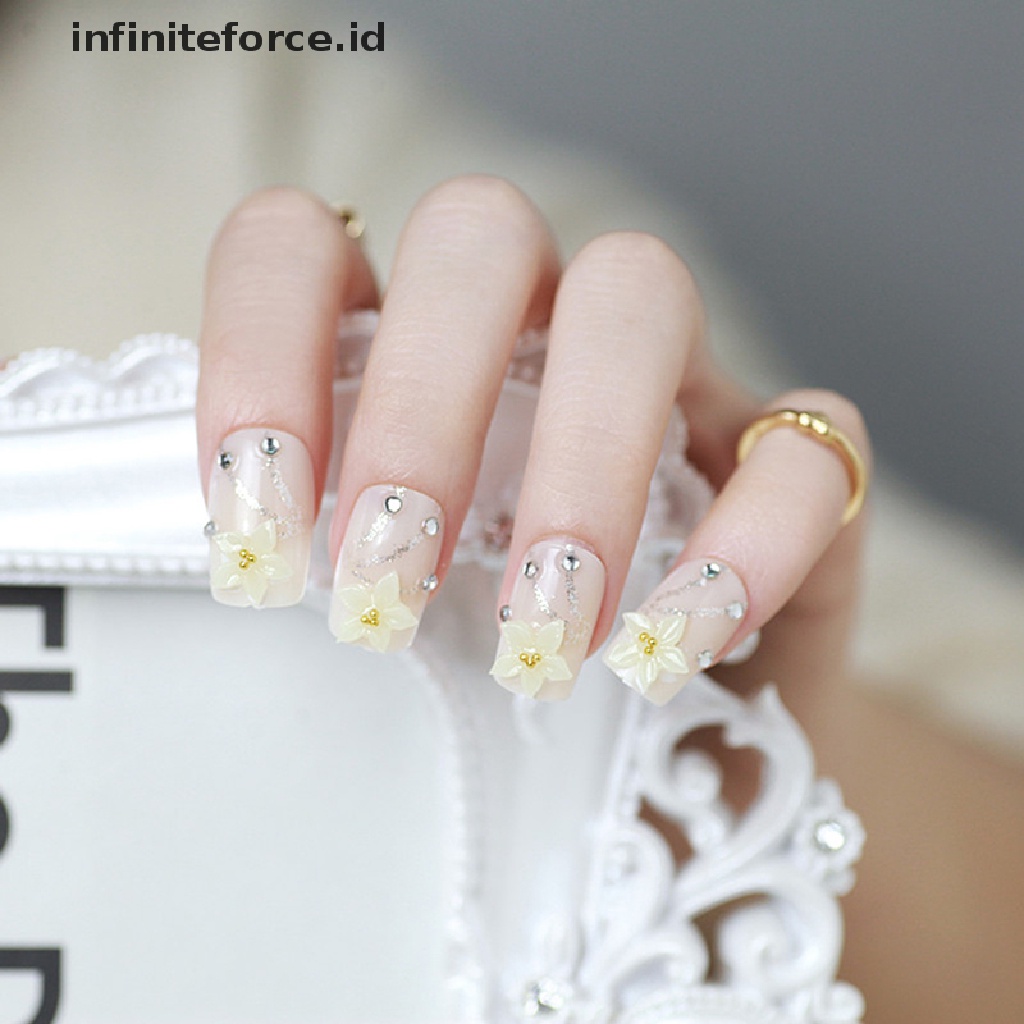 Infiniteforce.id 24pcs / Set Kuku Palsu 3D Motif Bunga Plum Untuk Pengantin Wanita