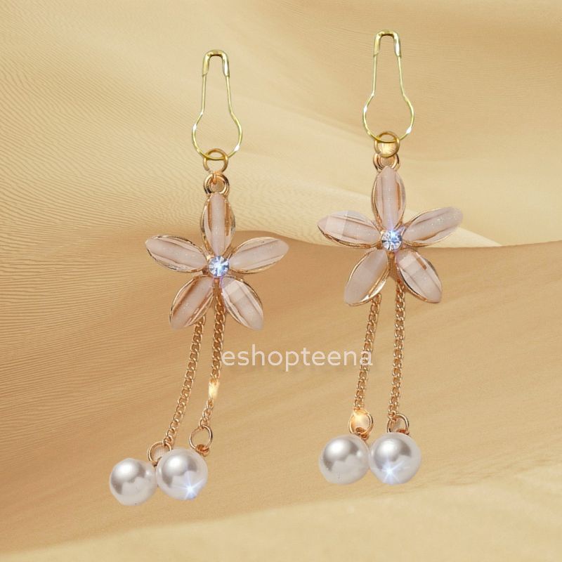 A142 Anting hijab juntai bunga pearl gold