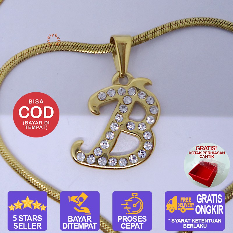 Lovelybutik Honey Kalung Huruf Titanium Anti Karat Inisial B Uk 45 cm BONUS KOTAK PERHIASAN