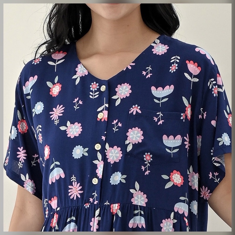 Julia Nightdress - Piyama / Daster Rayon Premium by RAHA Sleepwear-Blue Floral