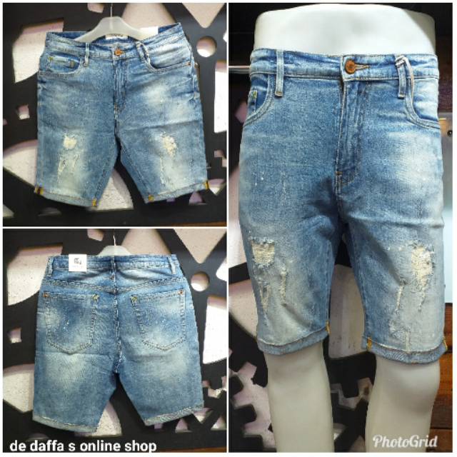 Celana Pendek Jeans Import Pria Stretch Model Sobek Tambal Fashion